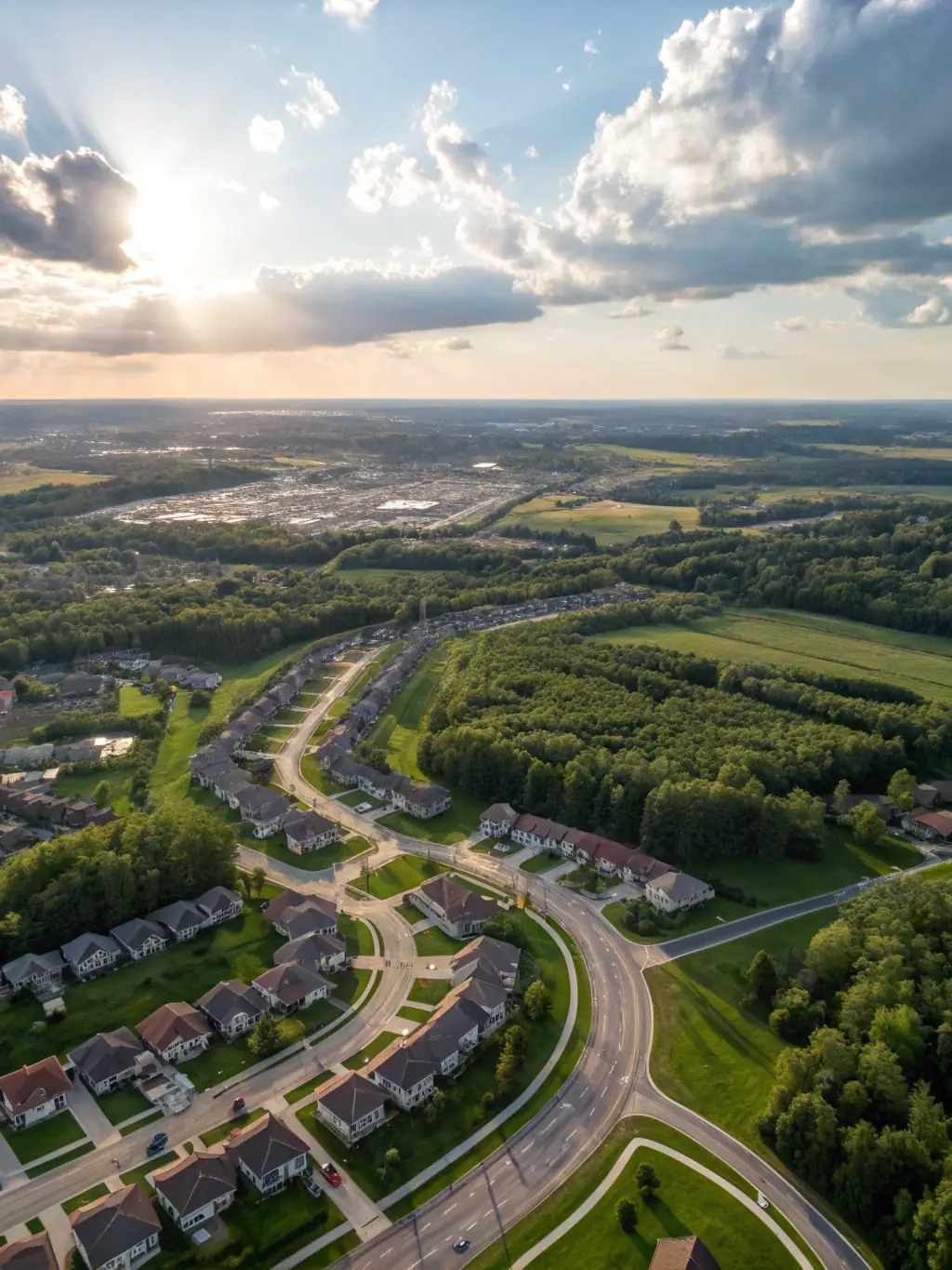 An aerial view of a well-planned township with residential areas, parks, and commercial zones, illustrating Alembic City's integrated township project.