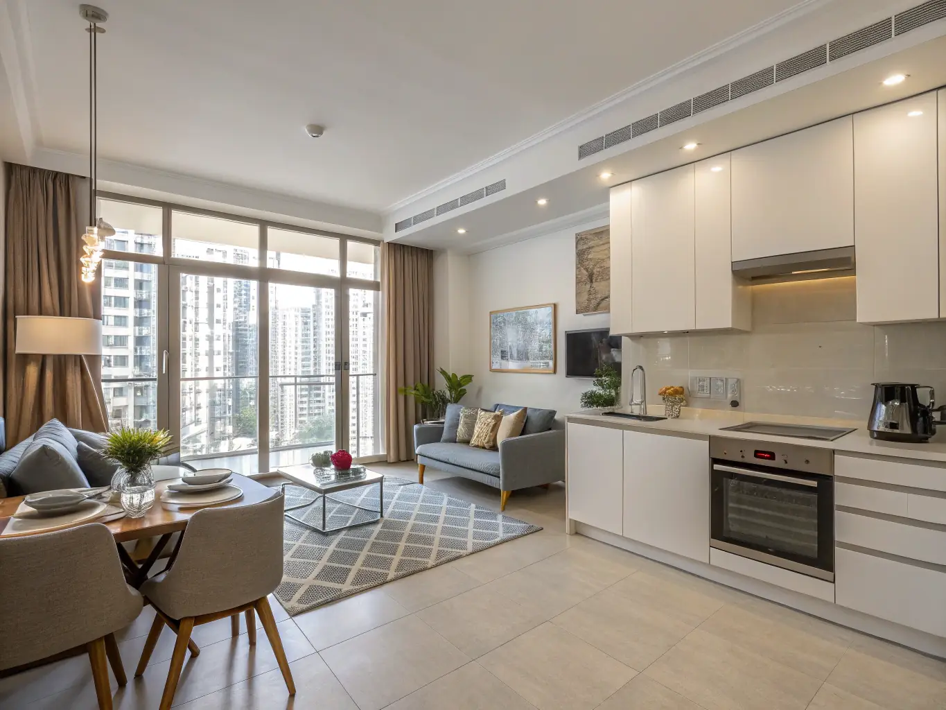 A beautifully designed one-bedroom apartment featuring a spacious living area, a modern kitchen, and a serene bedroom with ample natural light.