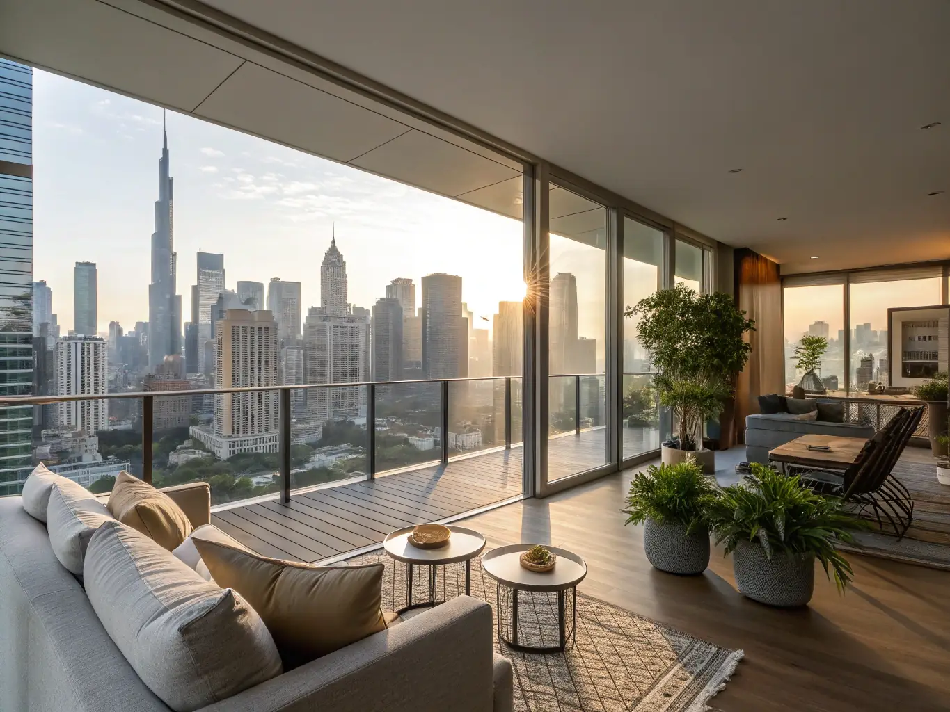 A luxurious two-bedroom apartment showcasing a large living room, a gourmet kitchen, and a balcony with stunning city views, designed for family living.