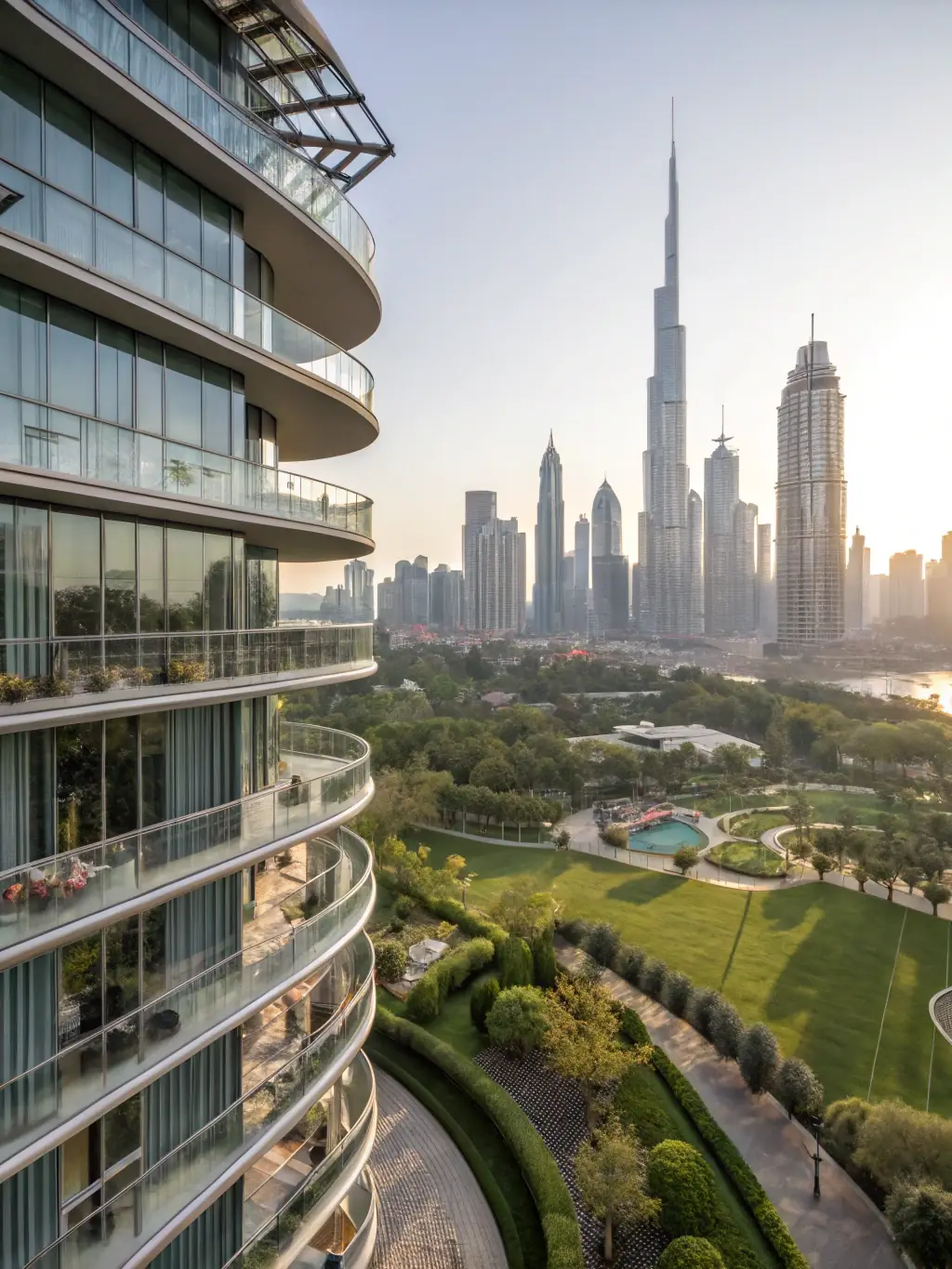 A modern apartment complex with a swimming pool and landscaped gardens, showcasing luxury residential living by Alembic City.