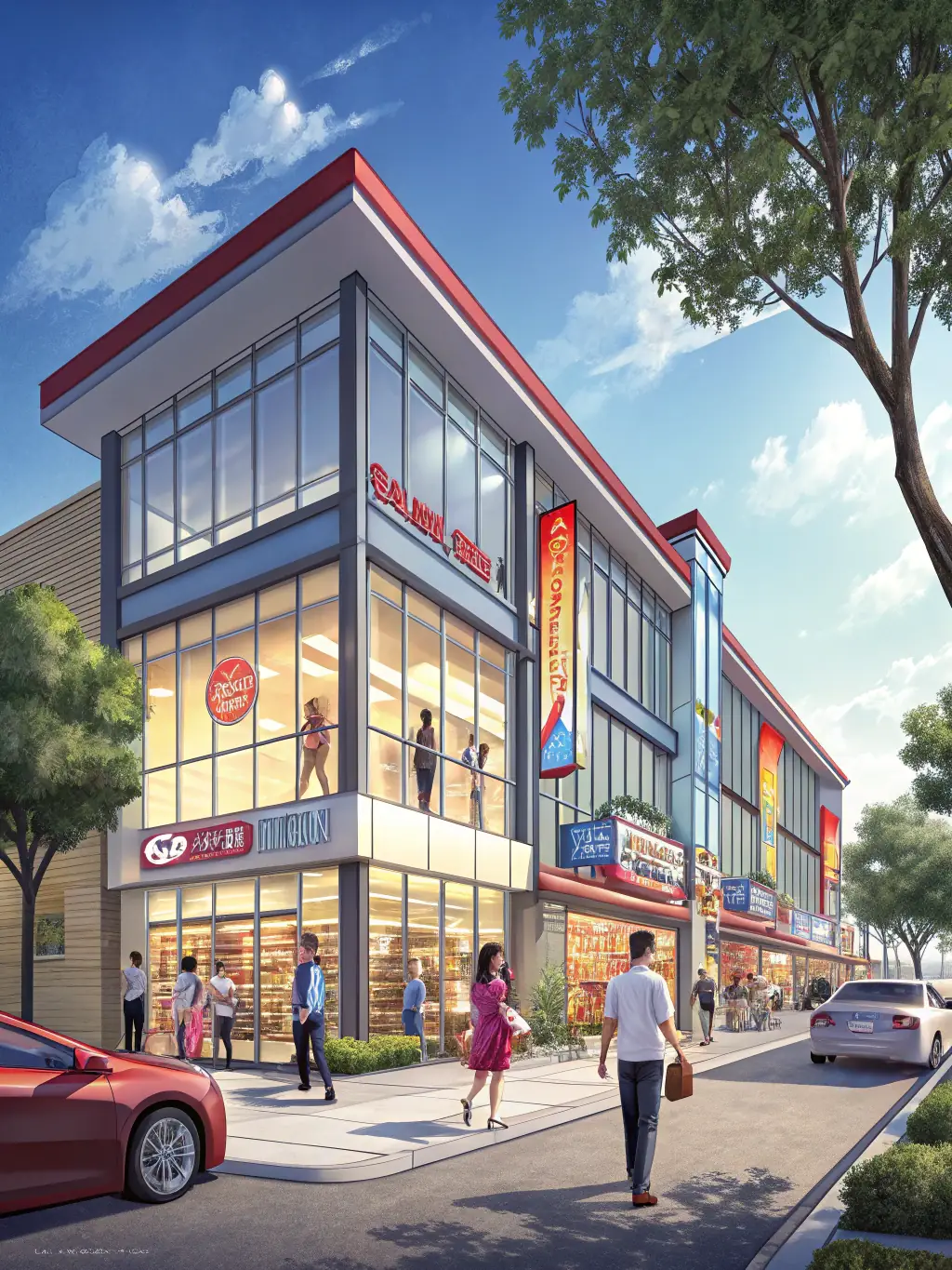 A vibrant commercial complex with modern architecture and a variety of retail outlets, representing Alembic City's commercial spaces.