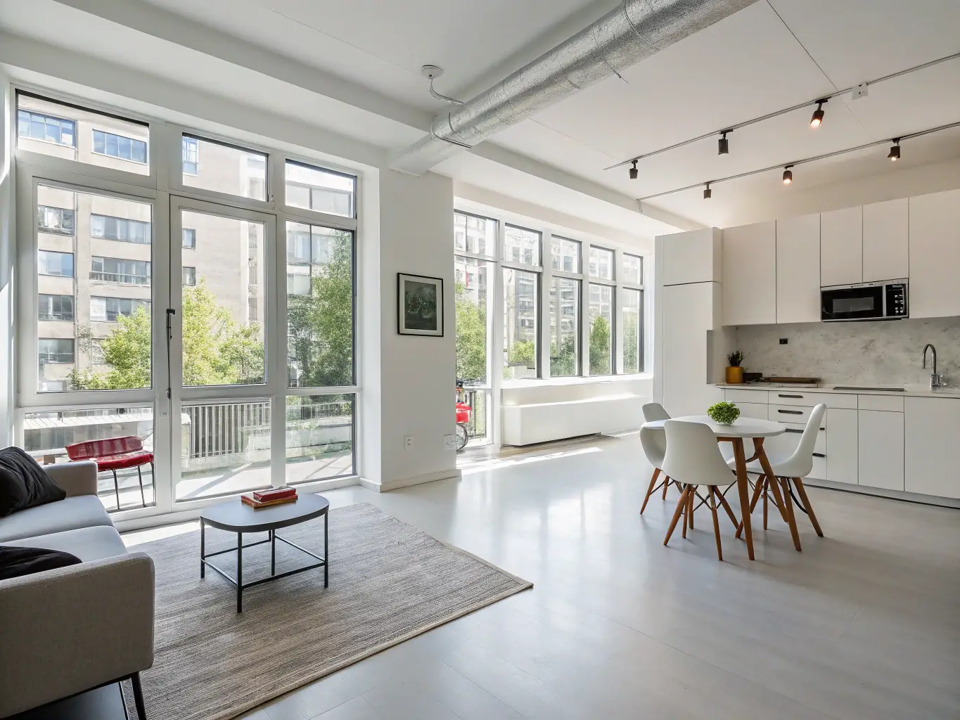 A modern, stylish studio apartment interior with large windows, minimalist decor, and high-end finishes, showcasing an open-plan living space.