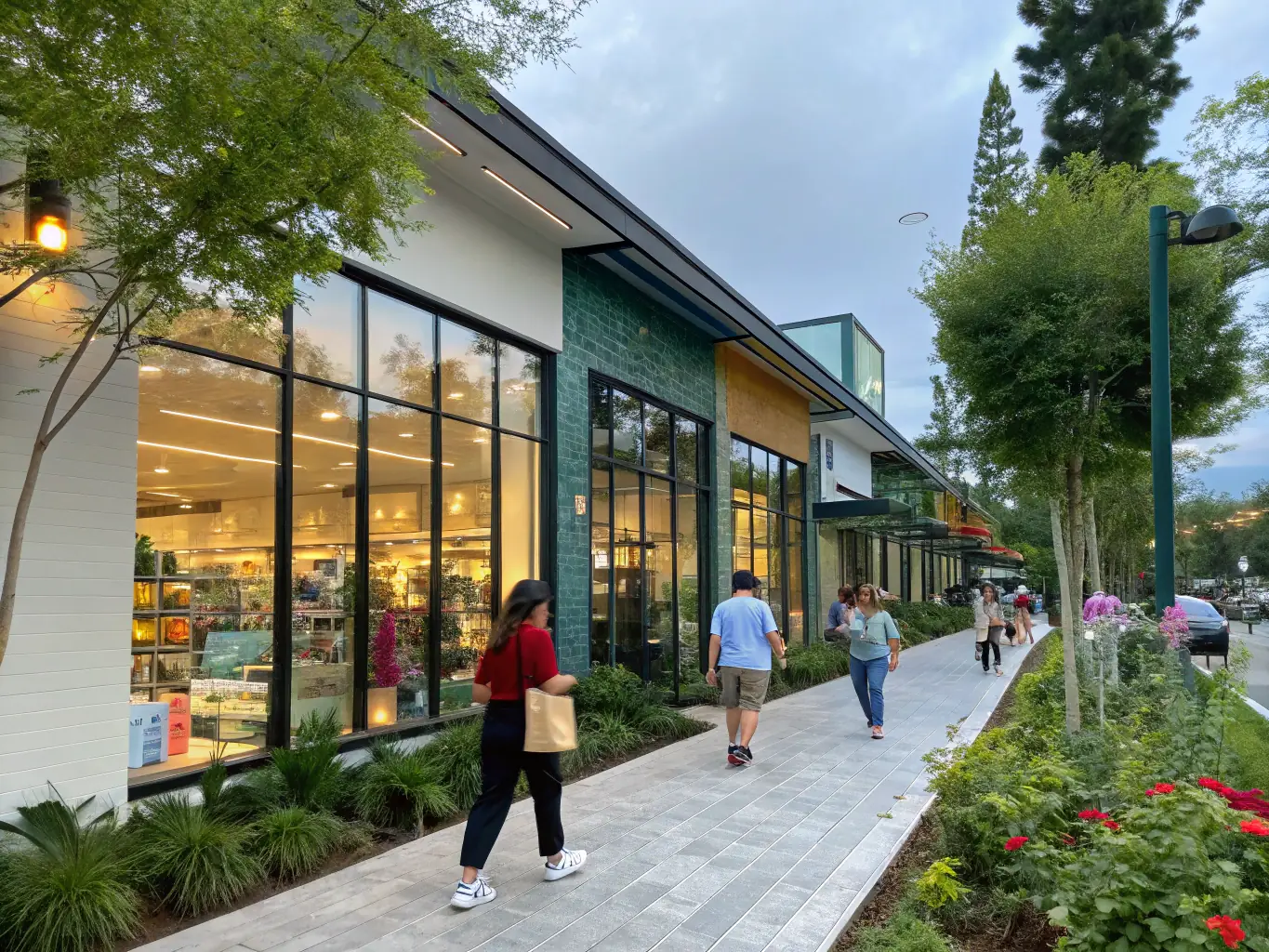 A modern, glass-fronted retail space in a bustling commercial district, showcasing a vibrant storefront with pedestrians passing by, emphasizing its prime location and high visibility.