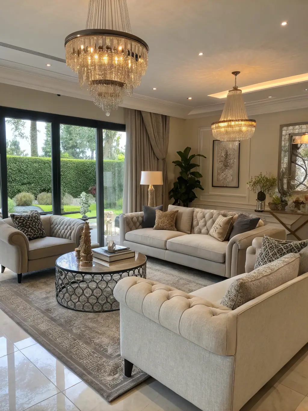 A brightly lit, modern living room in a 2BHK apartment at Alembic Cloud Forest, showcasing contemporary furniture and large windows with a view of lush greenery.