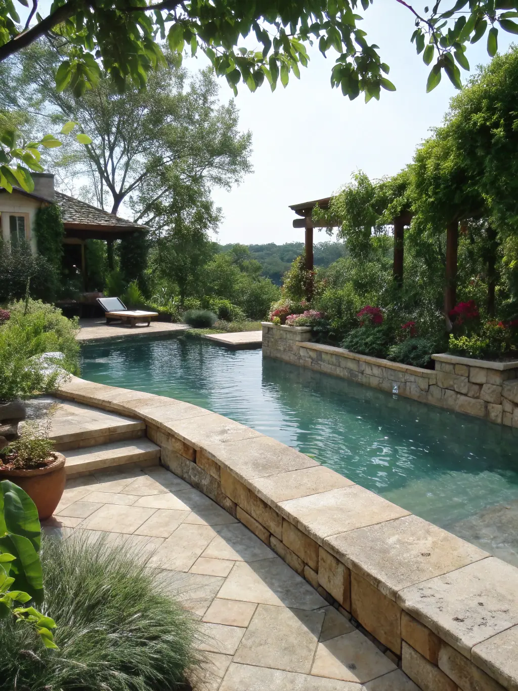 A serene image of the swimming pool area at Alembic Cloud Forest, showcasing residents relaxing by the poolside with lush greenery in the background.