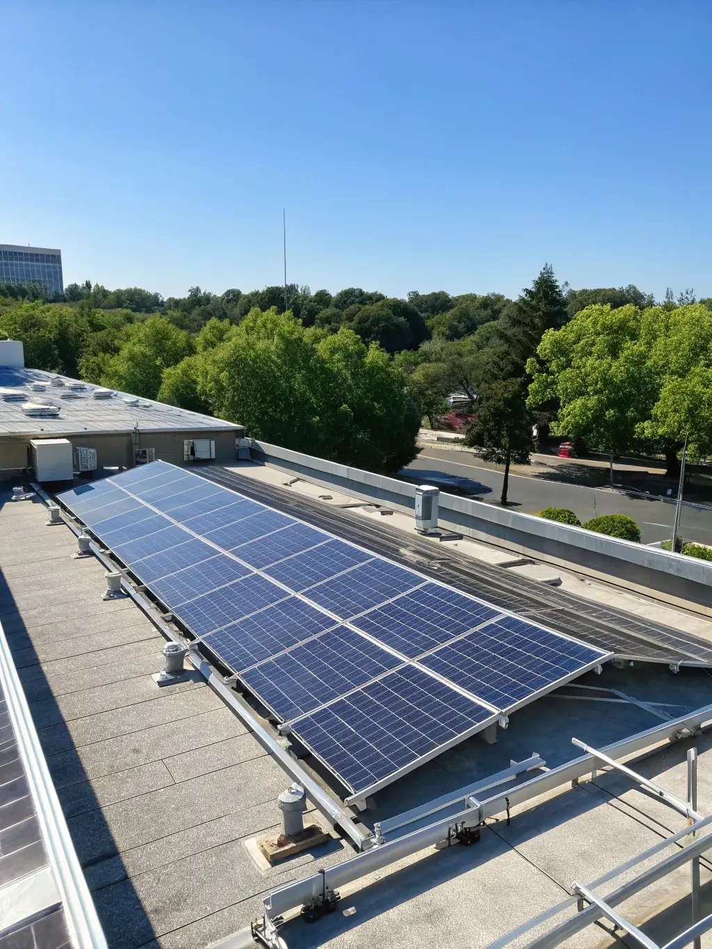A photograph of the solar panels installed on the rooftops of Alembic Cloud Forest, capturing the clean energy generation and contribution to reducing carbon footprint.
