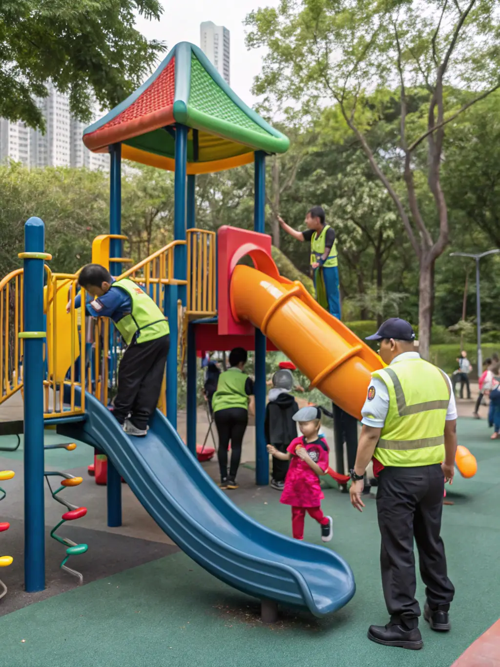 A children's play area at Alembic Cloud Forest, featuring safe and engaging play structures amidst green surroundings.