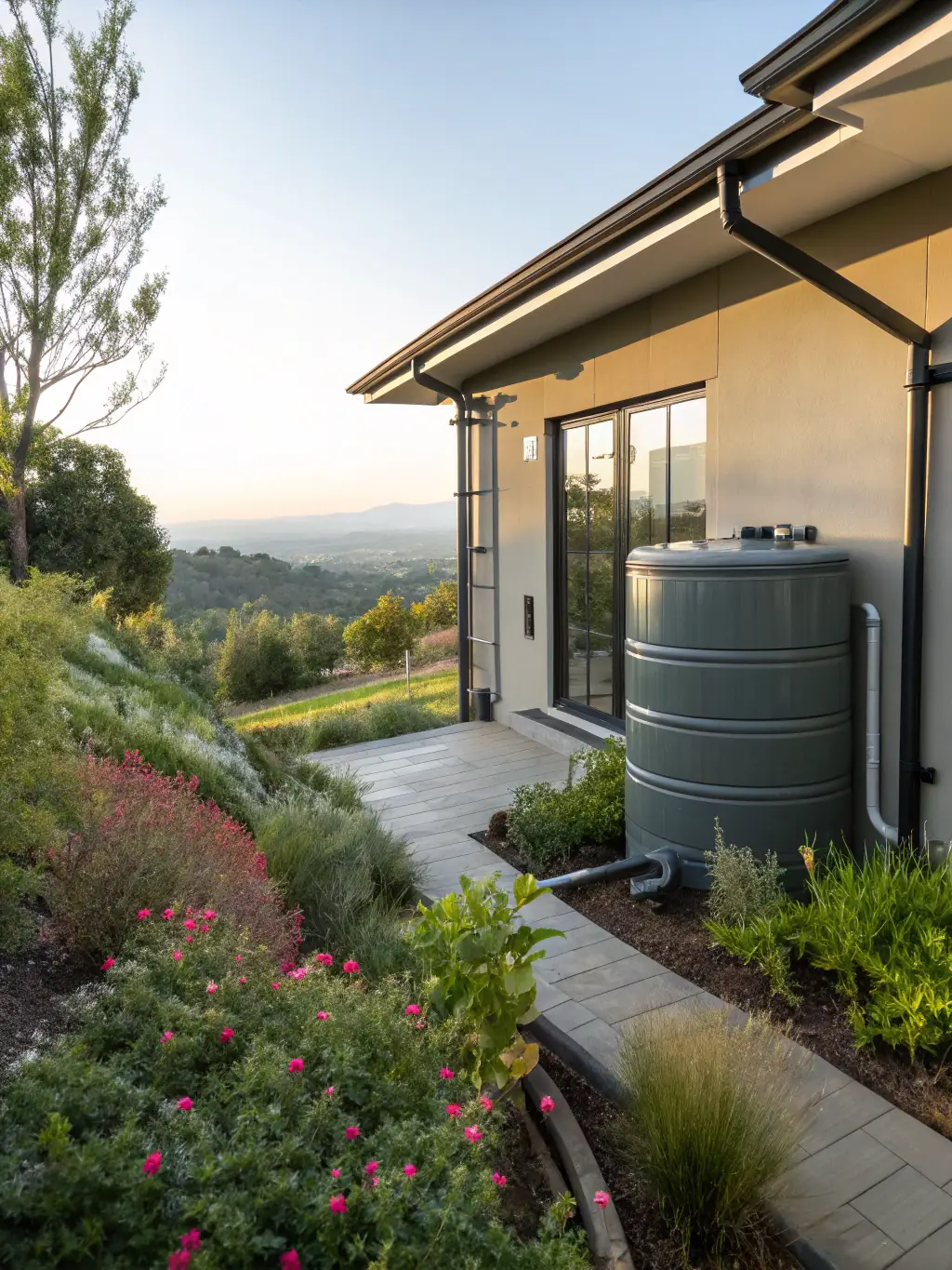 A photograph showcasing the rainwater harvesting system at Alembic Cloud Forest, with visible collection tanks and filtration mechanisms, emphasizing water conservation.